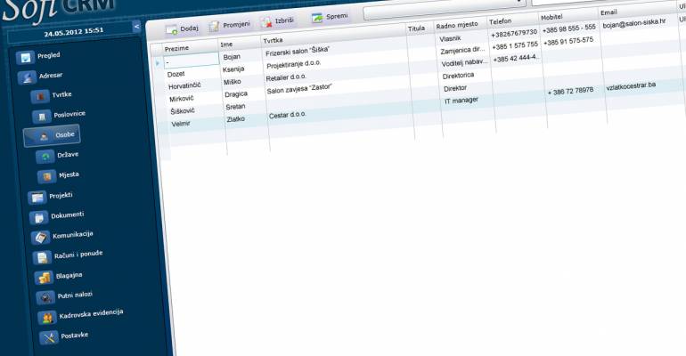Upravljanje kontaktima unutar adresara (imenika) softCRM aplikacije