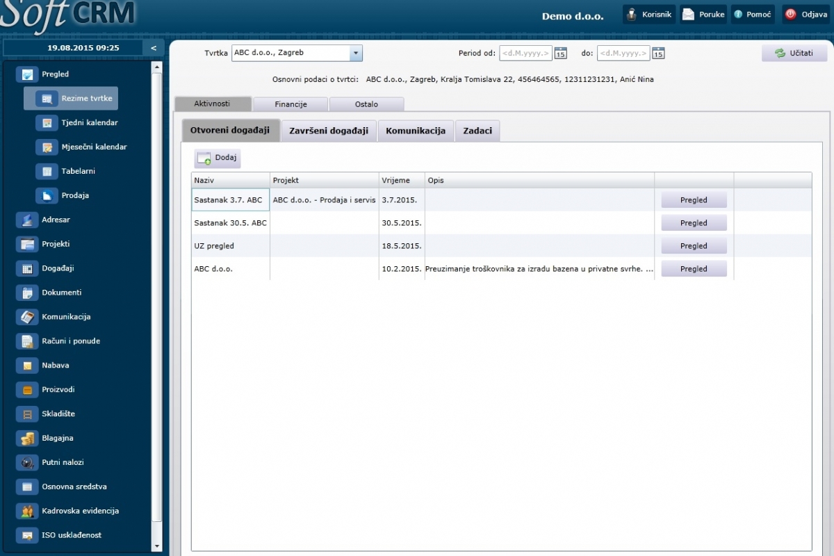Pregled rezima tvrtke u online softCRM aplikaciji