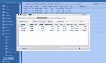 Stavke kalkulacije unutar aplikacije za skladište